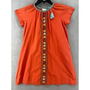 Garnet Hill Kids Dress Sz XL Orange Lined Short Sleeve Embroidered Detail Tassel